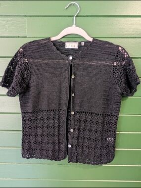 Vintage Kenar Crochet Linen Button-Front Cardigan
